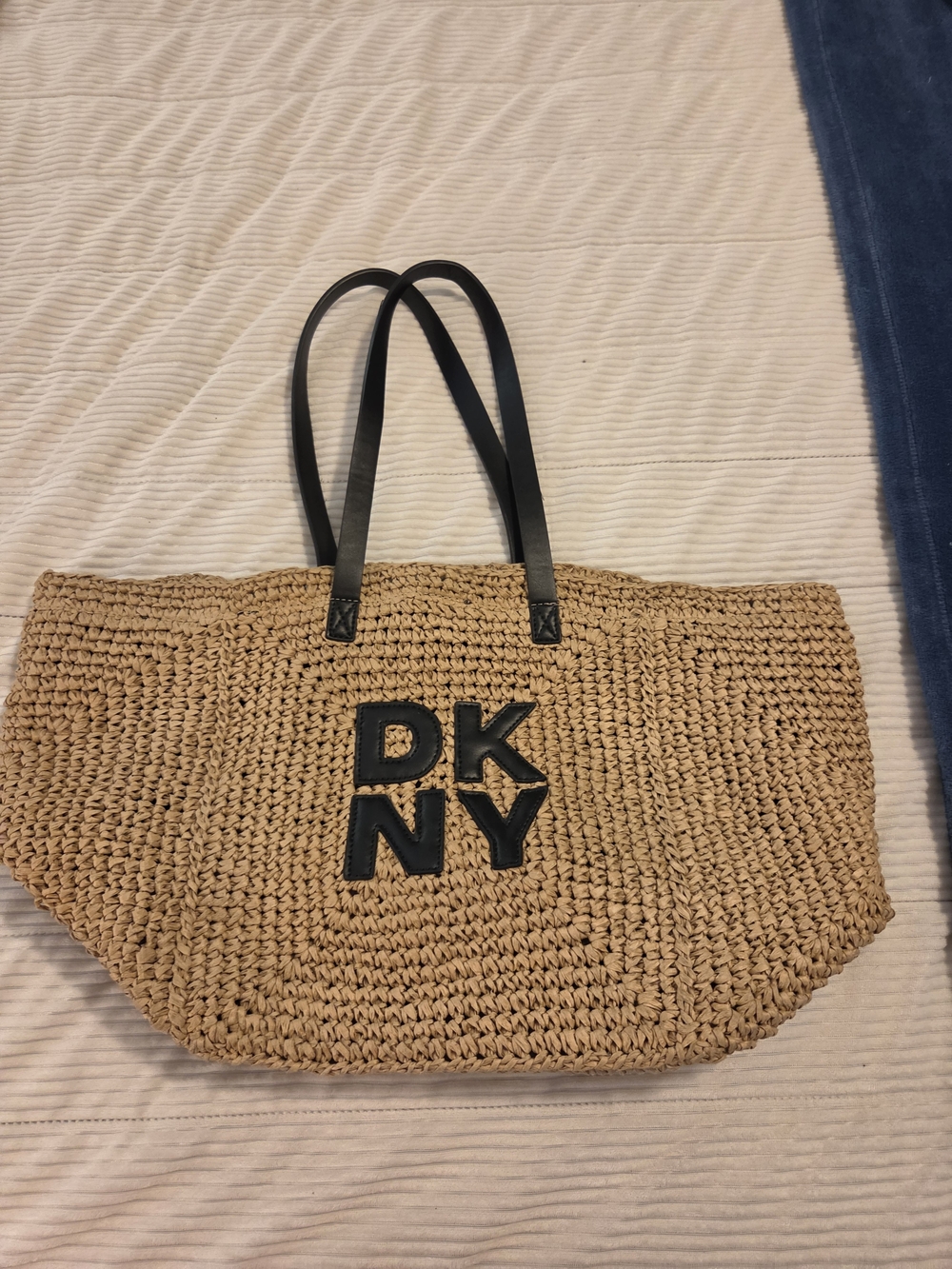 DKNY Tan Woven Tote Bag with Black Logo and Straps